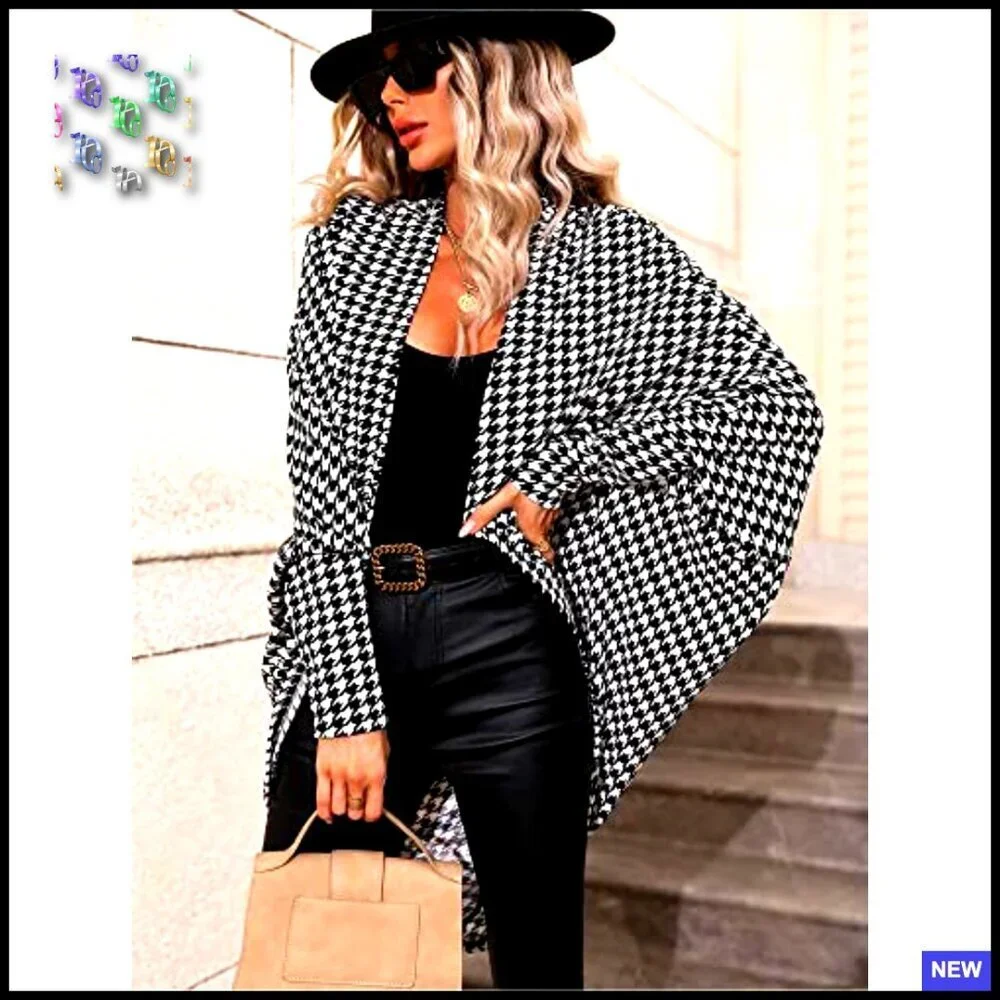 Houndstooth Blazer Jacket Batwing Sleeve Open Front Asymmetrical Cardigan Coat